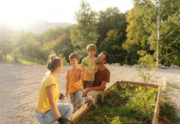 Family planting a garden in raised bends in East Brookfield, MA.